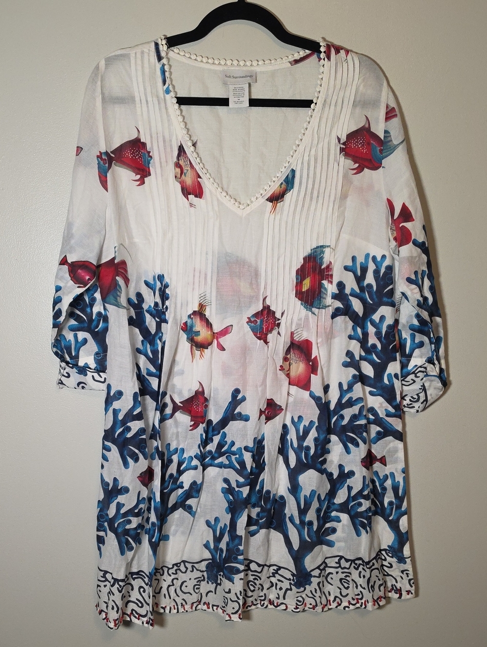 White V-Neck Coral & Fish Print Women's Swim Coverup